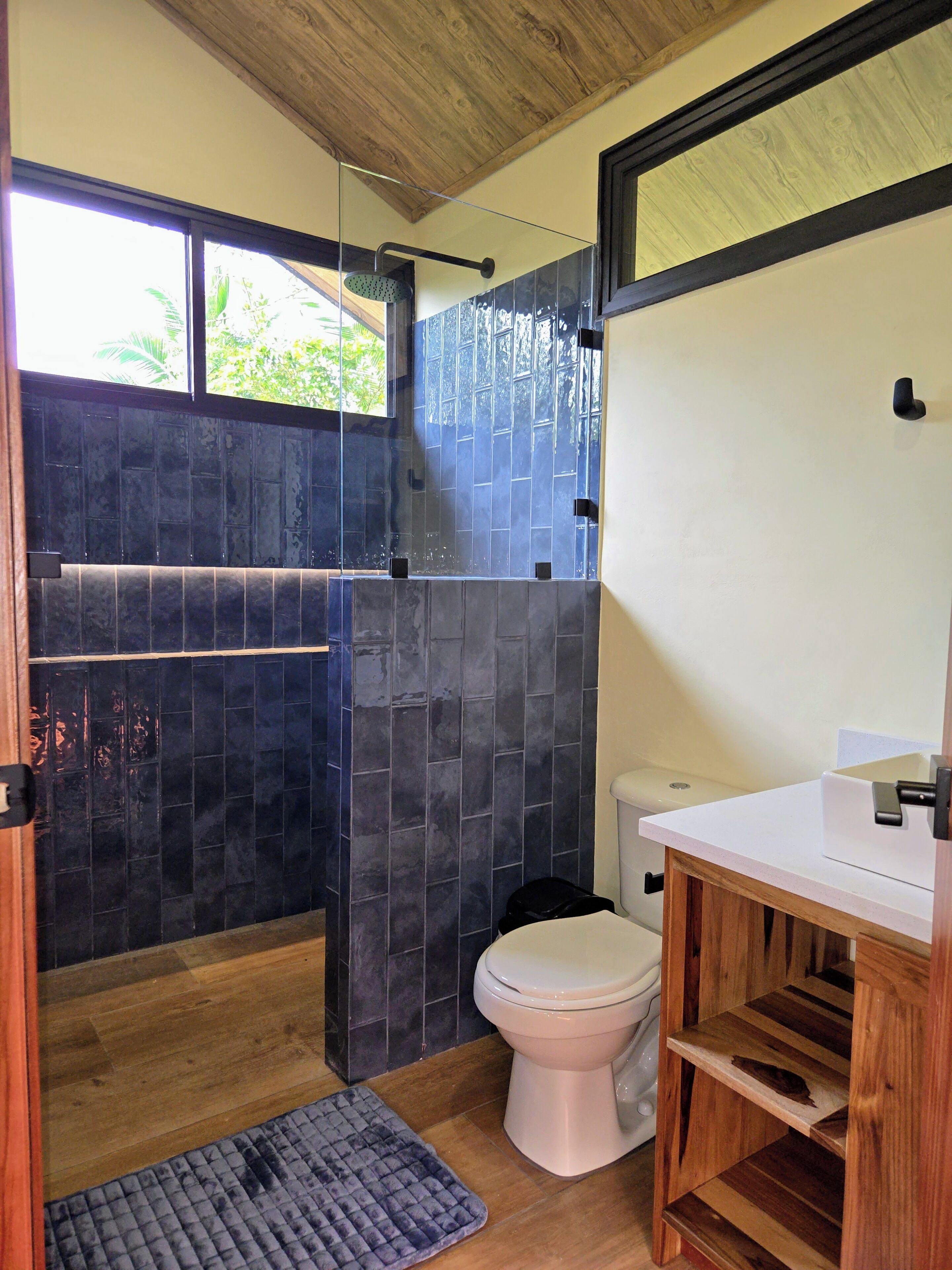 Shower, towels, soap, toilet paper