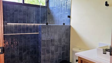 Shower, towels, soap, toilet paper