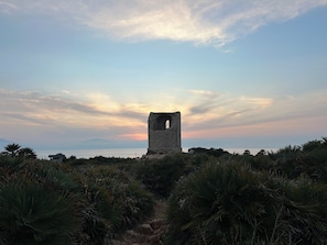 A stone ruin with a single arched opening, surrounded by dense vegetation and leading to a body of water. - Lucas Rooftop Apartment Near the Palermo Airport (Terrasini)