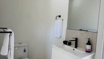 Un baño moderno con inodoro, lavamanos, espejo y toallero.