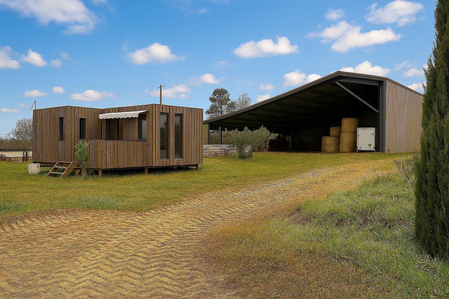 A modern building with a large open garage and a smaller wooden structure.