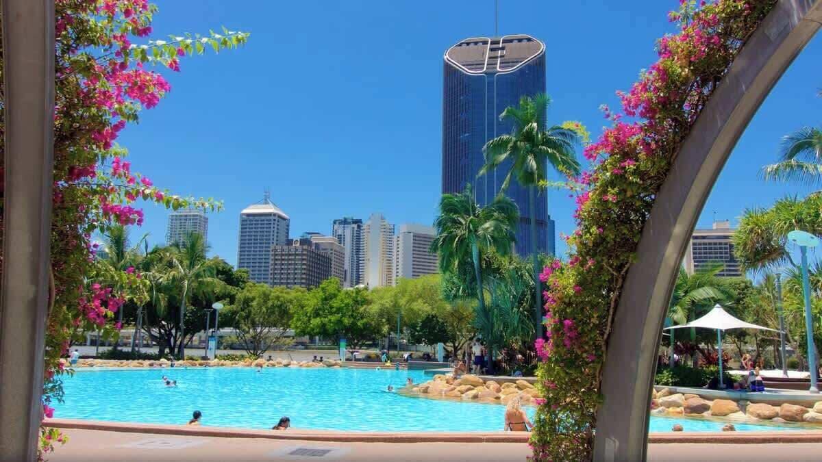 A swimming pool with people, surrounded by greenery and palm trees, with a city skyline in the background.
