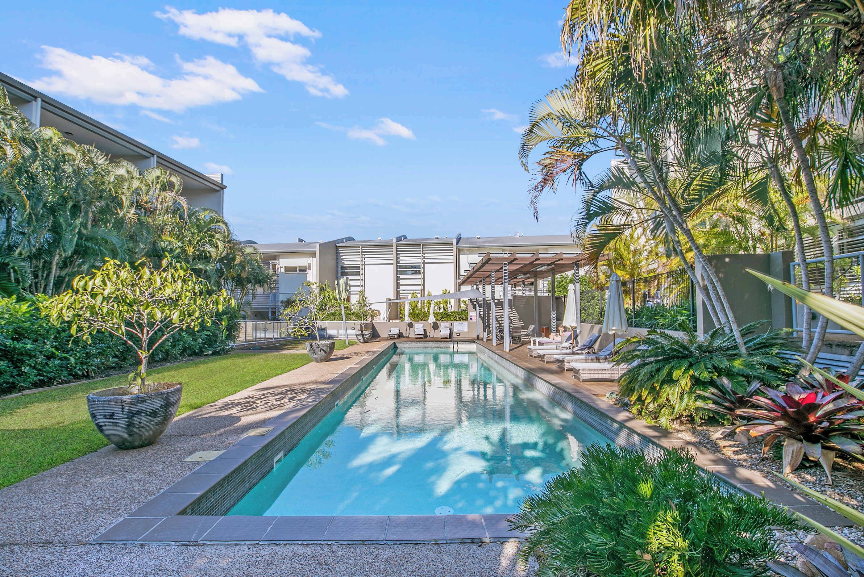A swimming pool with a sun deck, surrounded by tropical plants and a modern building.