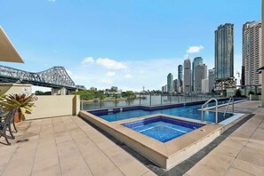 A rooftop pool with a city skyline view, a bridge, and a no smoking sign. - Spectacular! 2bed, 1bath, 1car, Views ~ CBD (Brisbane)