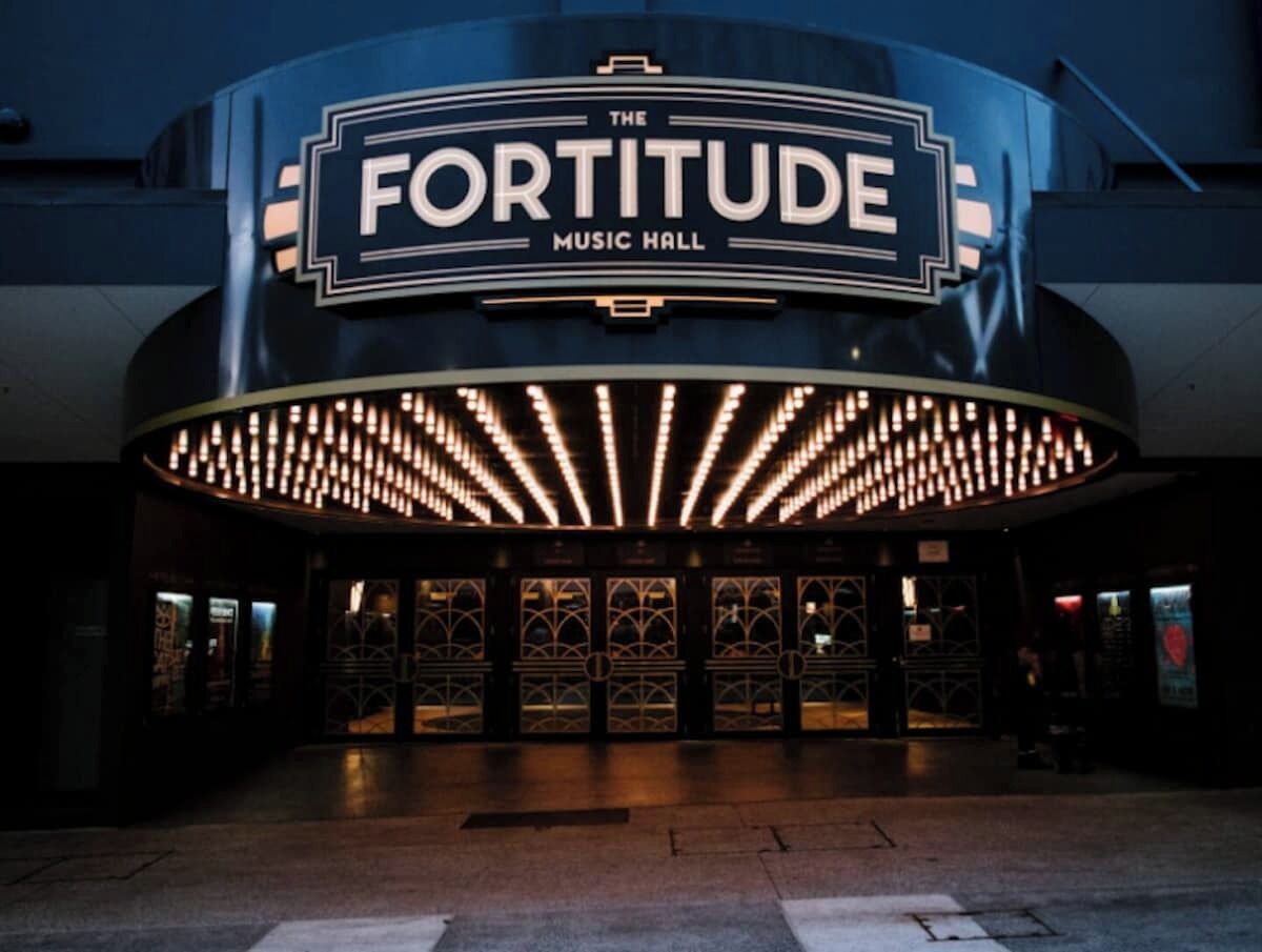 The Fortitude Music Hall with a prominent marquee and a circular light fixture above the entrance.