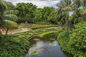 A lush garden with a pond, a bridge, and a sign with 'RS' visible. - Infinity Excellence!~1bed/1bath/office/1car~views! (Brisbane)