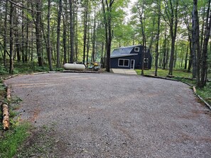 A gravel driveway leading to a dark-colored building with a sloped roof, surrounded by a forested area. - Updated cabin on the Au Sable River 10 minutes from Grayling (Grayling)