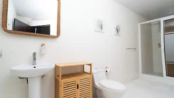 Een douche, een haardroger, handdoeken, zeep