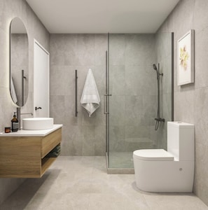 Dusche, Haartrockner, Handtücher, Seife