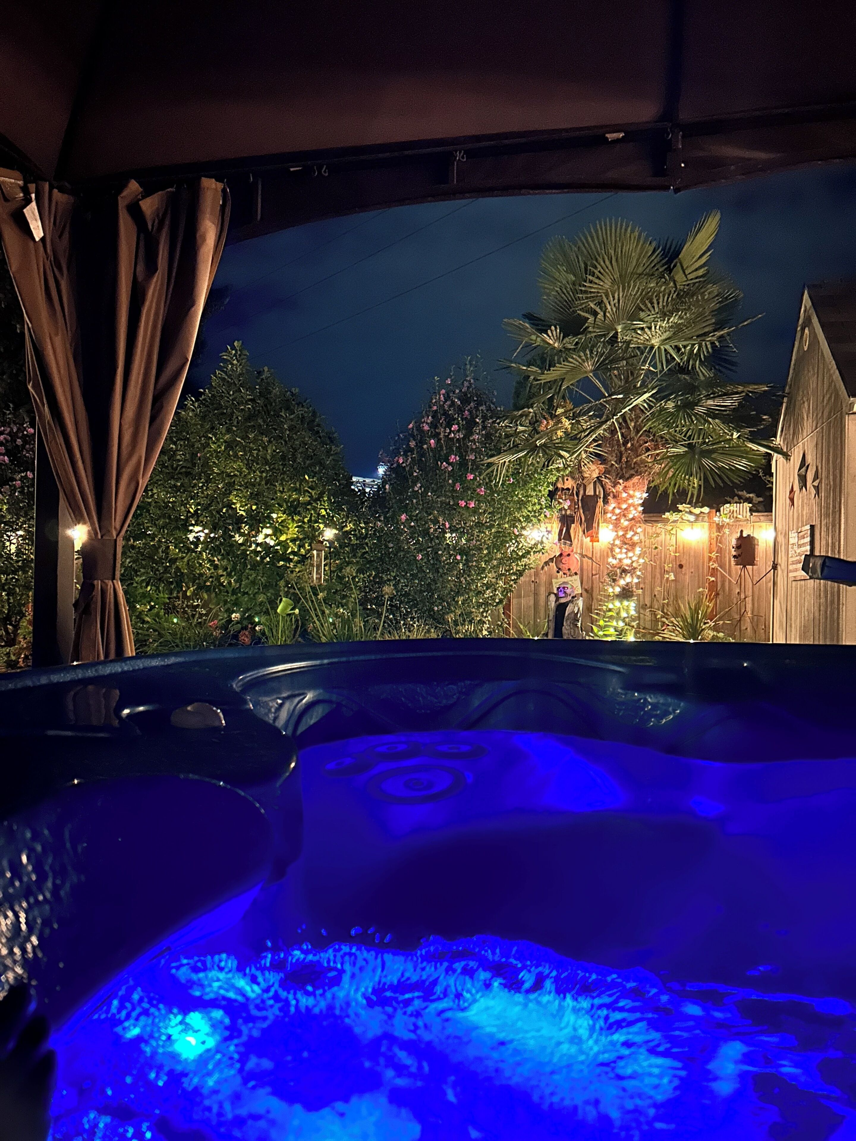 Un bain à remous avec un éclairage bleu, entouré de verdure et bordé d’une structure en bois.