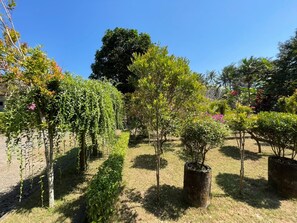 A garden with various trees and shrubs, a clear sky, and a paved walkway. - OYO 95369 Hotel Sari Mandala (Negara)