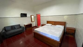 Un dormitorio con cama, sofá, televisión y espejo.