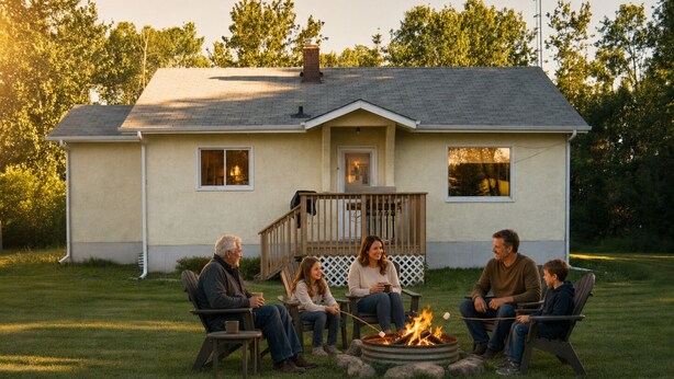 A family gathered around a fire pit in a backyard with a house in the background.
