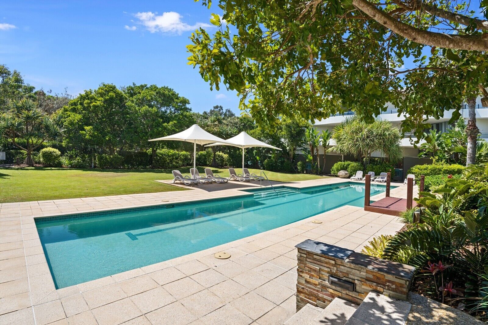 A rectangular swimming pool with lounge chairs and umbrellas, surrounded by a landscaped garden and a building in the background.