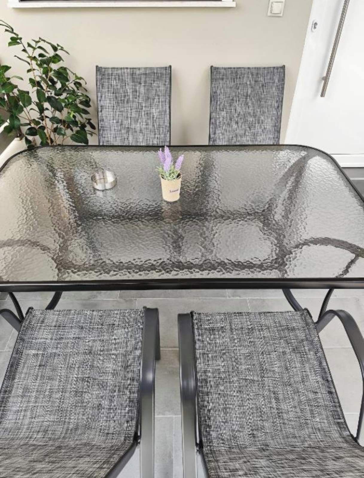 A glass-top dining table with four grey upholstered chairs, a small potted plant, and a wall-mounted light switch.