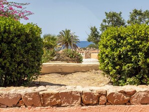 Eine Steinmauer mit befestigtem Bereich, grünen Sträuchern und einer Palme.
