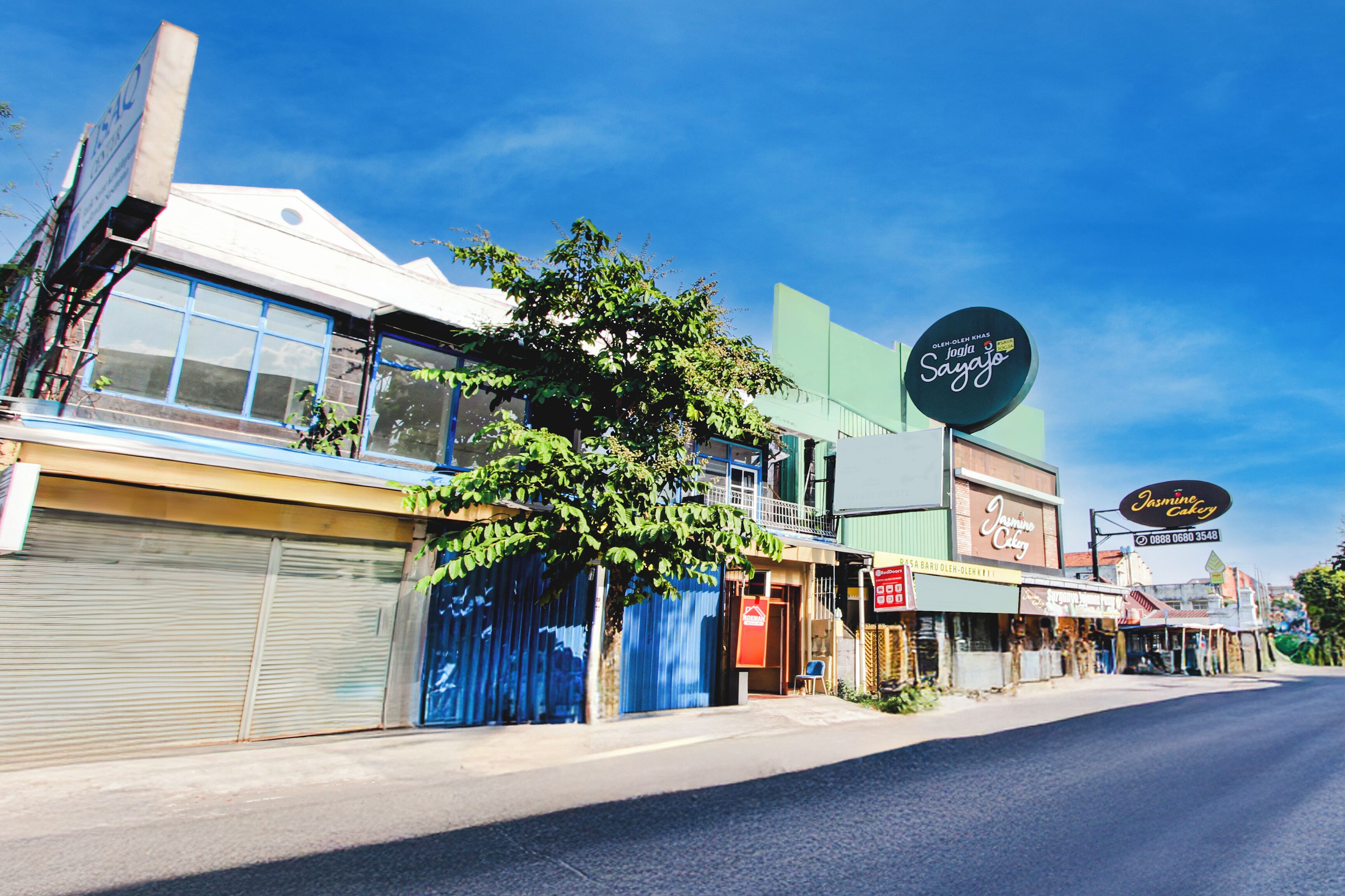 A street view with closed shops, a tree, and a clear blue sky.