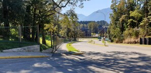 Eine gewundene Straße mit Bürgersteig, Bäumen und einem Berg im Hintergrund.