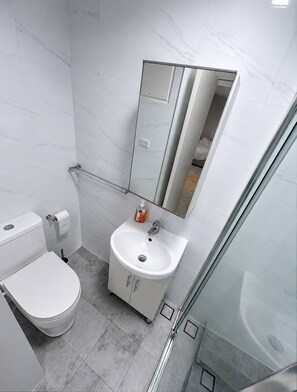 A bathroom with a toilet, sink, and mirror. - Trendy Studio Apartment With Harbour Bridge Views (Sydney)