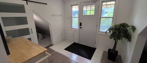 A hallway with a white door, a black mat, and a potted plant.