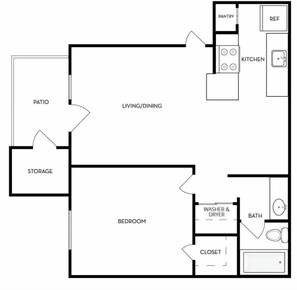A floor plan with a living/dining area, kitchen, bathroom, bedroom, closet, and storage space.