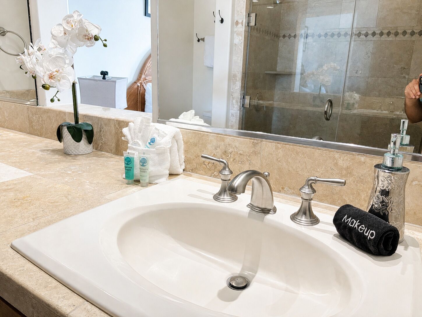 Hair dryer, bidet, towels, soap