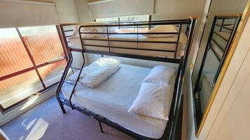 A bunk bed with two levels, a window with a view, and a carpeted floor.
