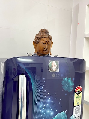 A refrigerator with a Buddha head sculpture on top, a sticker with a QR code, and a power savings guide sticker.
