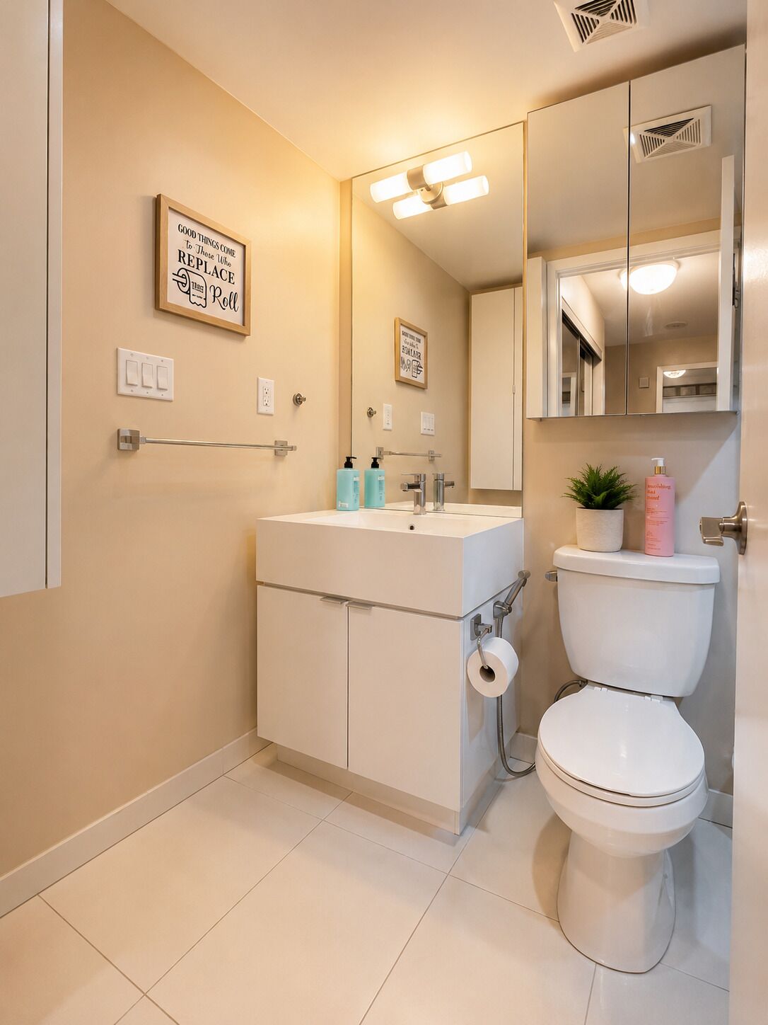 Hair dryer, towels, soap, shampoo