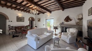 A spacious living room with a white sofa, a white armchair, and a fireplace. - Villa Le Cicale in Procchio (Marciana)