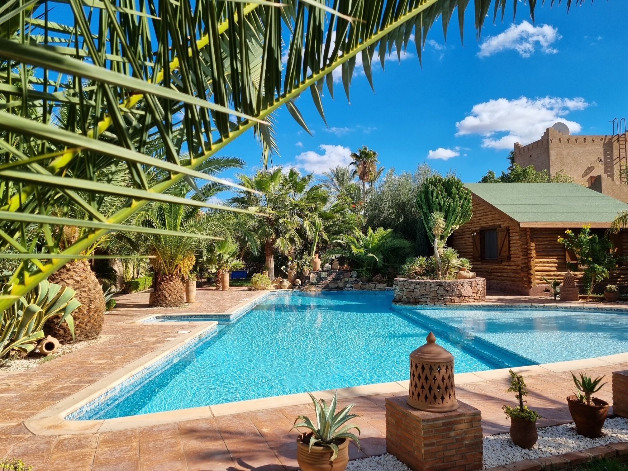 Uma piscina com borda de pedra, rodeada por plantas diversas e um edifício rústico.