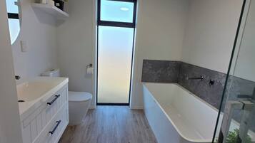 Shower, hair dryer, towels, soap
