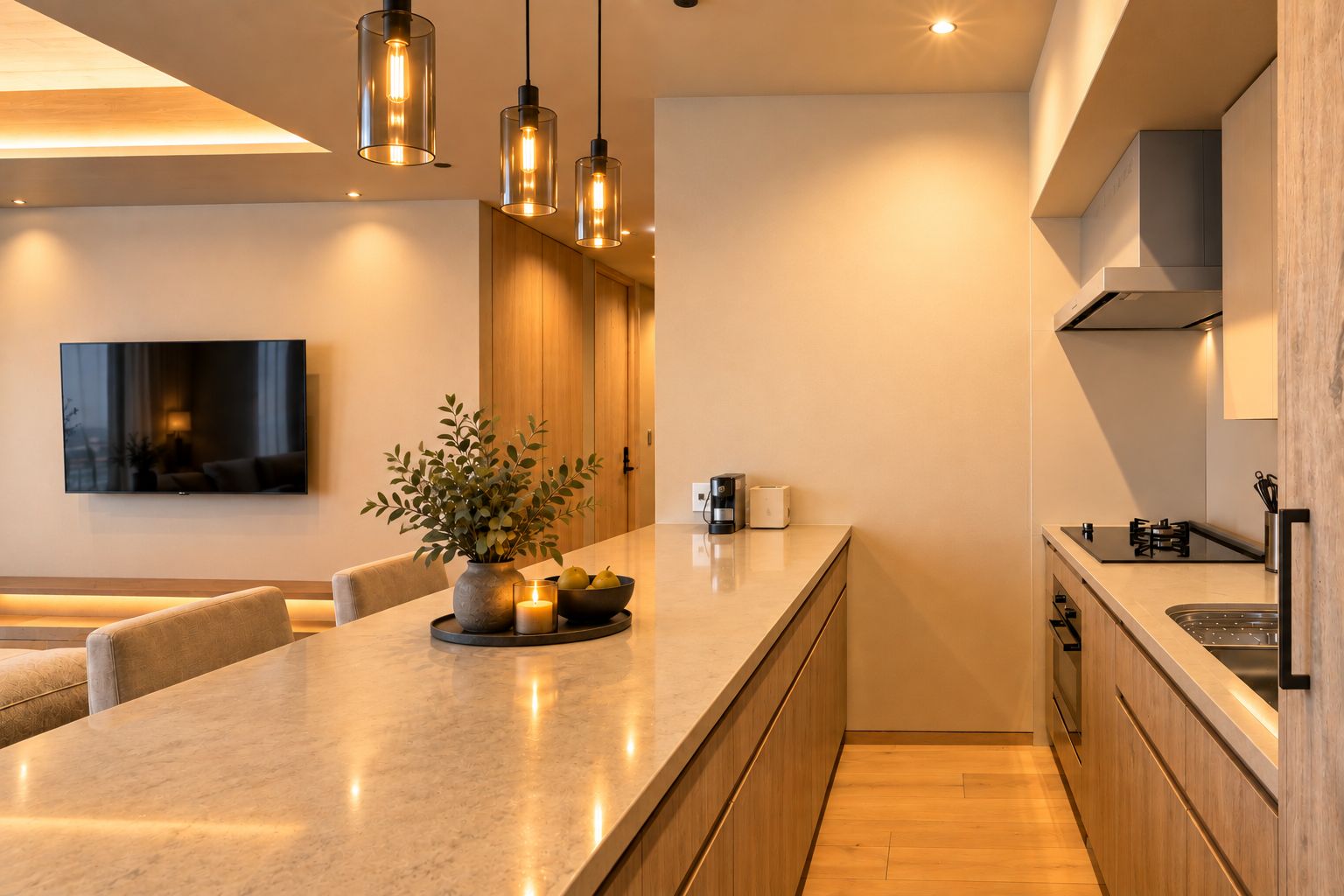 Uma cozinha moderna com bancada de mármore, luminárias pendentes, televisão de tela plana e área de jantar com sofá.