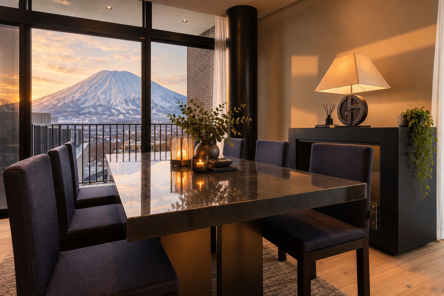 A modern dining area with a large table, chairs, and a view of a mountain.