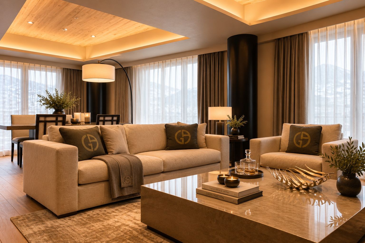 A modern living room with a sofa set, a coffee table with decorative items, and a large window with curtains.
