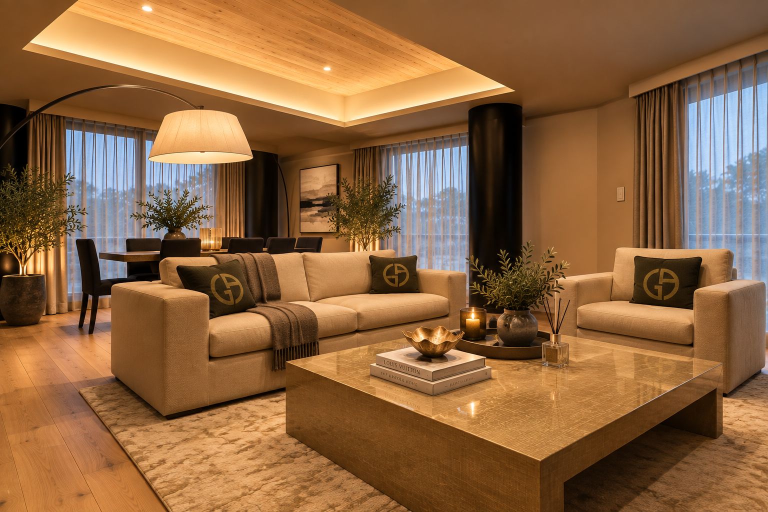 Una sala de estar moderna con un conjunto de sofás, una mesa de centro y un comedor.