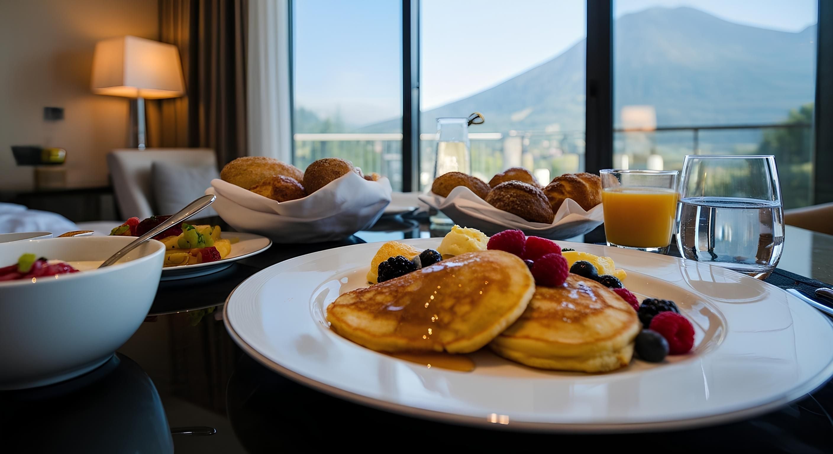 Desayuno con tortitas, bayas y vistas a la montaña.