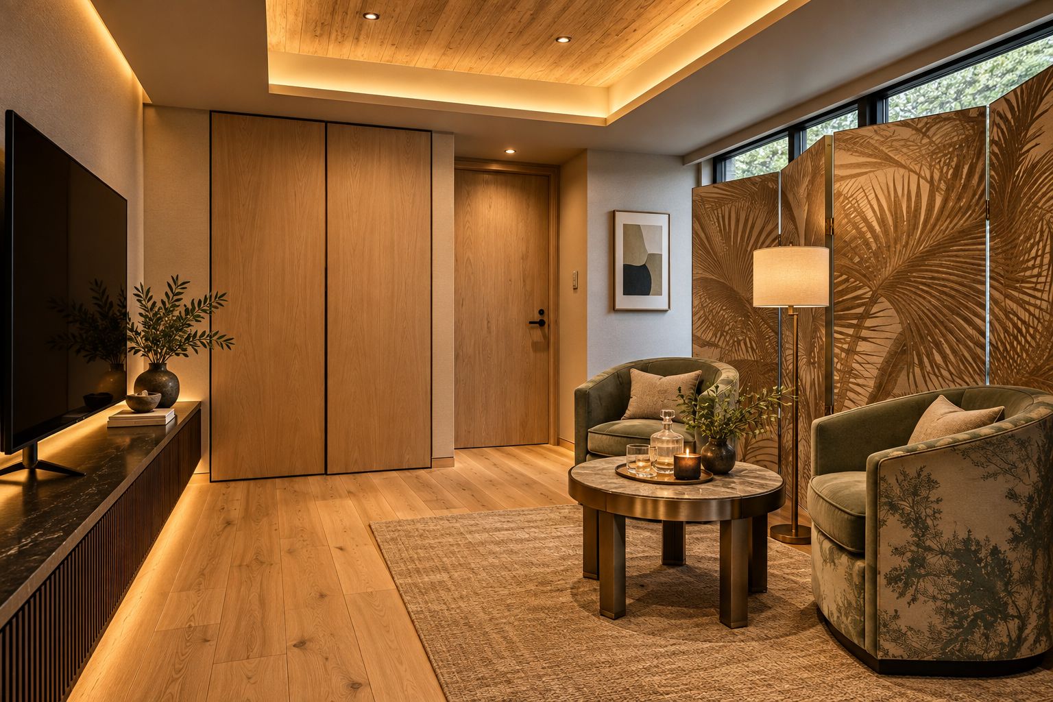 A modern living room with a flat-screen TV, a sofa, a round coffee table, and a large window with a view.