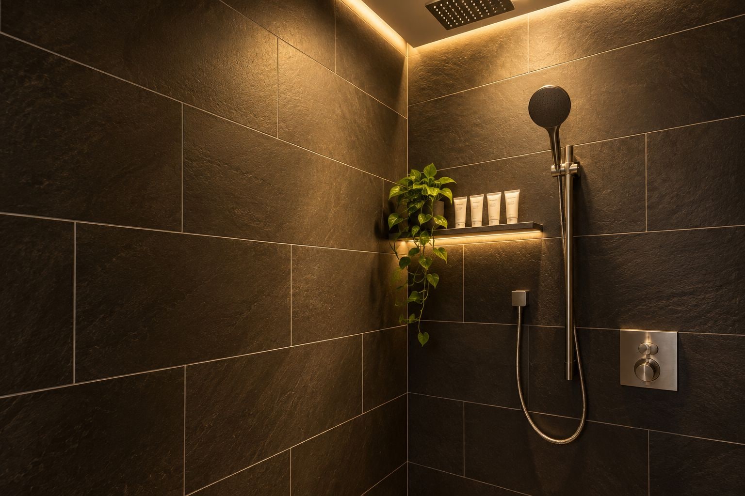 A modern bathroom with dark tiles, a showerhead, and a shelf with toiletries.