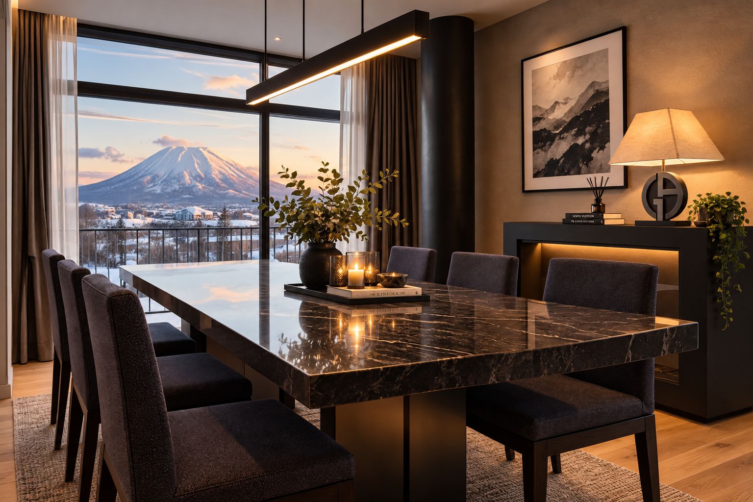 A modern dining area with a large table, chairs, and a view of a mountain.