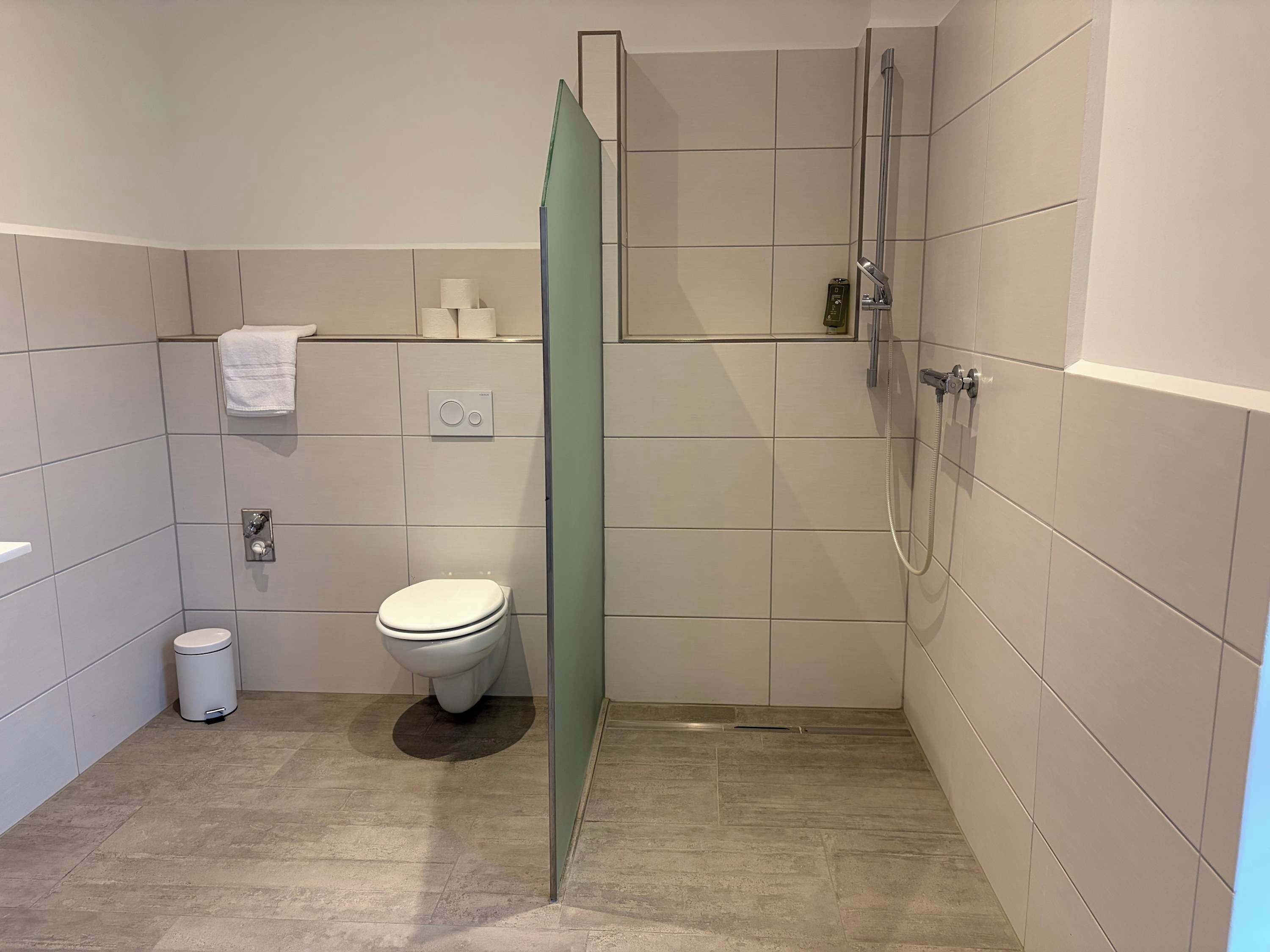 Ein modernes Badezimmer mit Toilette, Mülleimer, Dusche und Handtuchhalter.