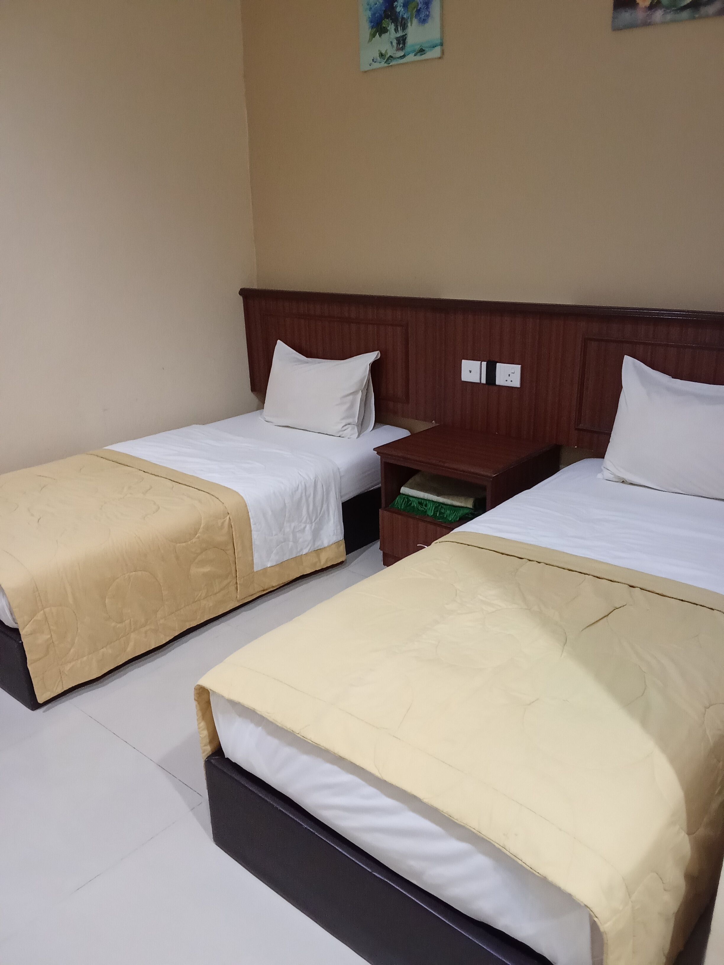 Ein Hotelzimmer mit zwei Einzelbetten, einem Holzkopfteil, einem Nachttisch und einer Steckdose.