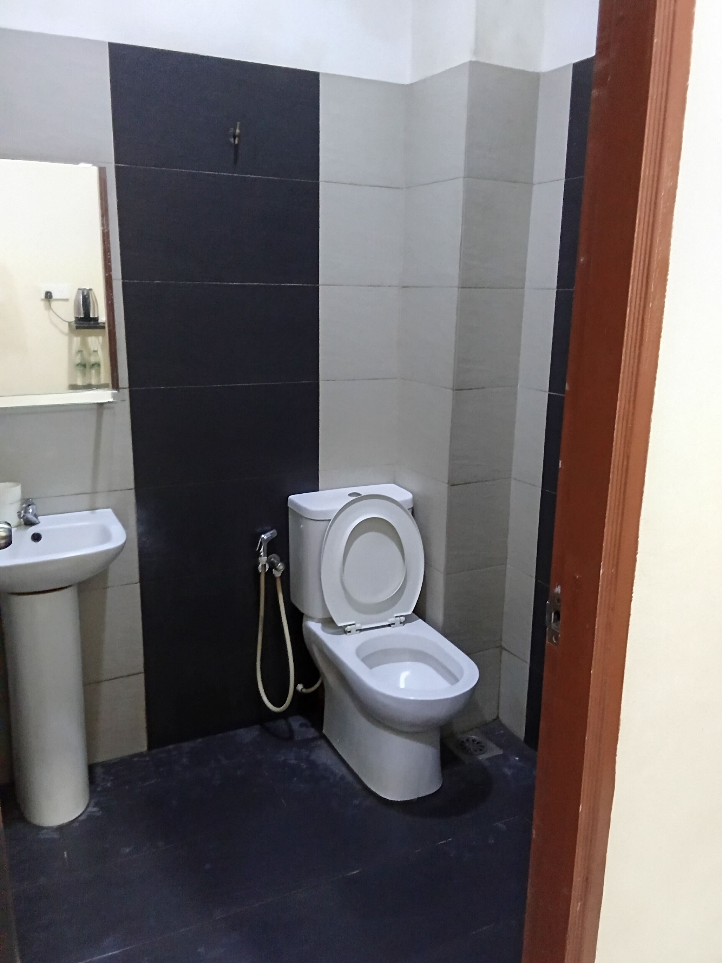 A bathroom with a toilet, sink, and a mirror.