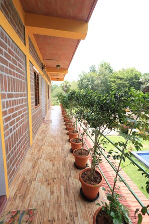 A covered balcony with a row of potted plants, a brick wall, and a wooden floor.