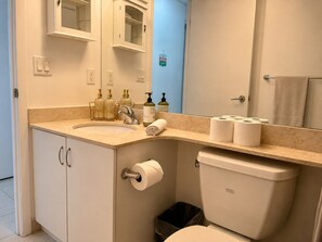 Hair dryer, towels, soap, shampoo