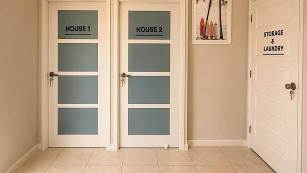 A hallway with two doors labeled 'HOUSE 1' and 'HOUSE 2' and a door labeled 'STORAGE & LAUNDRY'. - Private Duplex - Pimpama / Gold Coast (Pimpama)