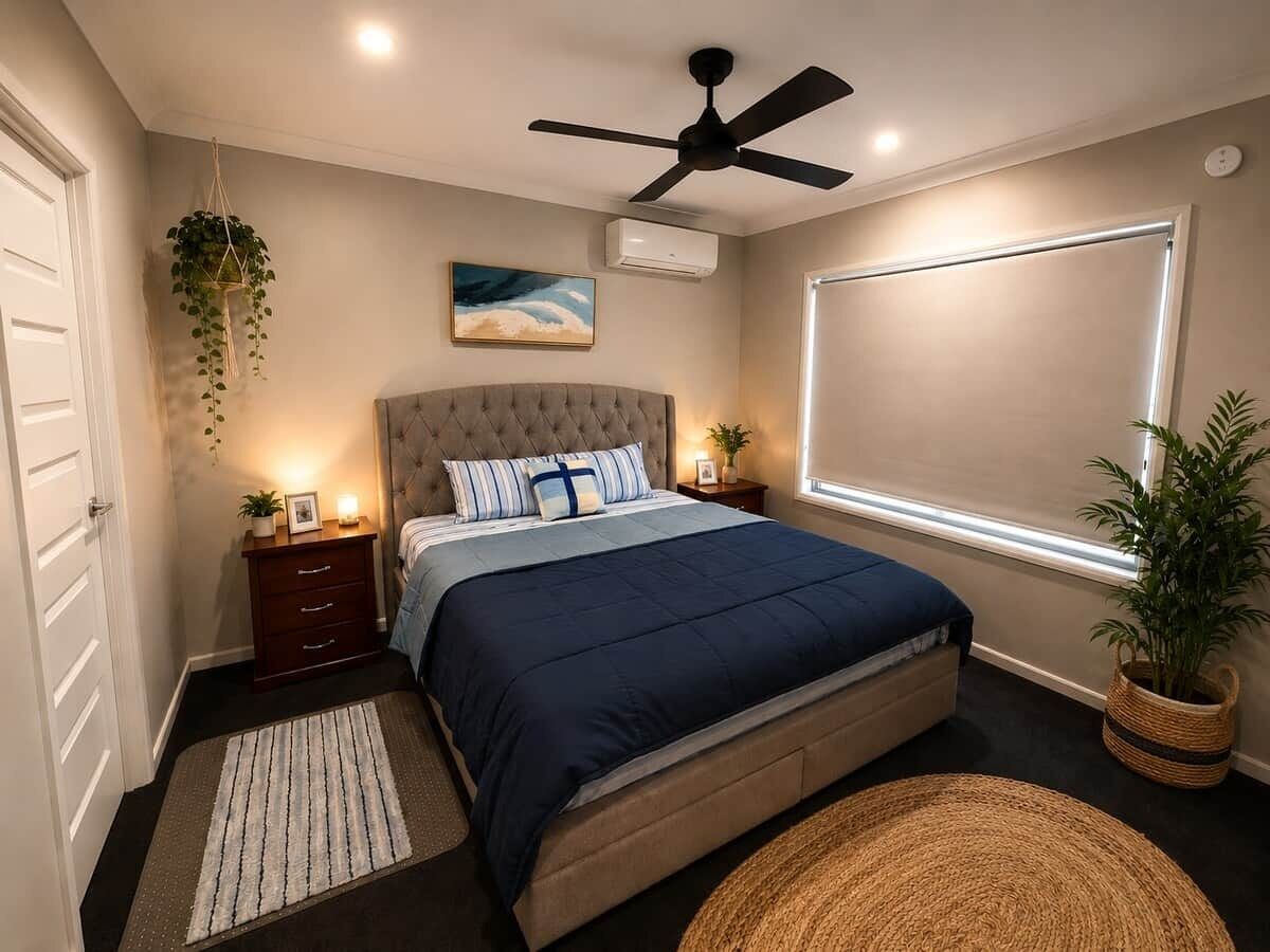 A bedroom with a bed, bedside tables, a ceiling fan, a window with blinds, and a hanging plant.