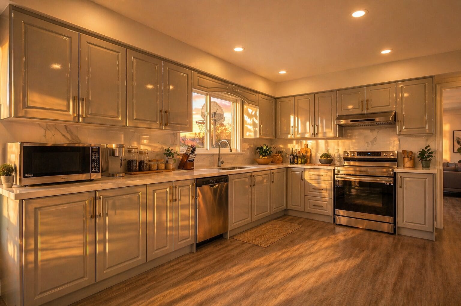 Coffee/tea maker, fridge, microwave, oven