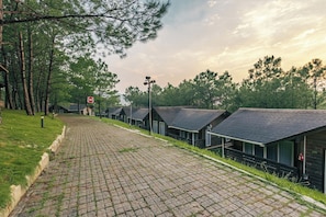 A row of cabins with sloped roofs, a paved pathway, and a 'Street Zone' sign.