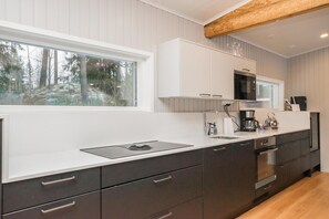 A modern kitchen with a large window, built-in appliances, and a minimalist design.